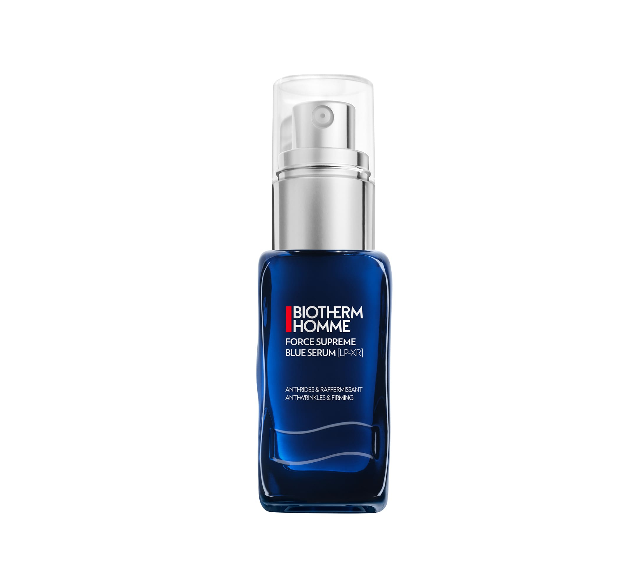 Flacone di Force Supreme Blue Serum [LP-XR] di Biotherm Homme, un serum anti-età per uomini, con design eco-concepito e formula innovativa.