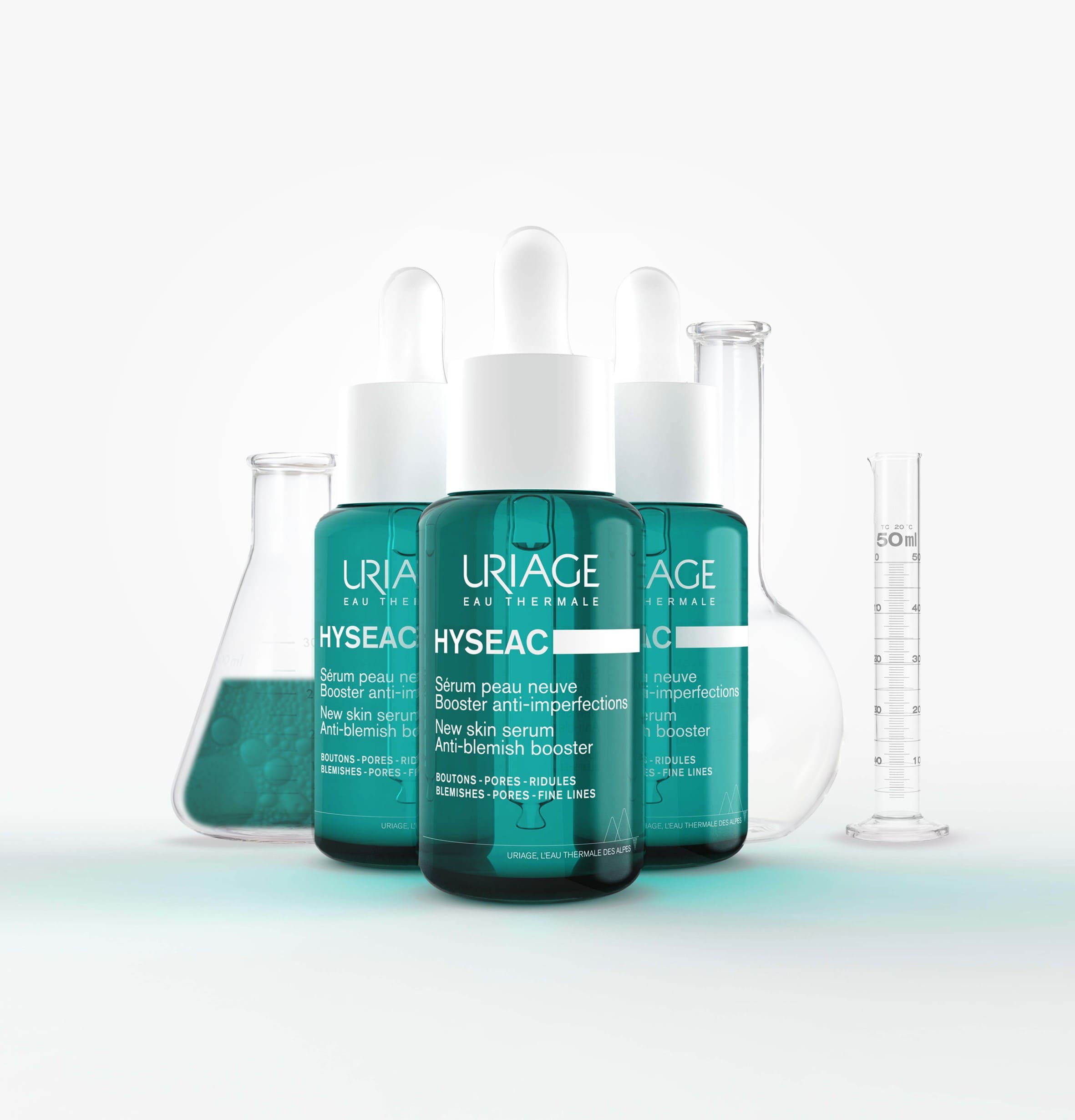 Flacone del siero Uriage Hyseac Pelle Nuova Booster Anti-Imperfezioni.