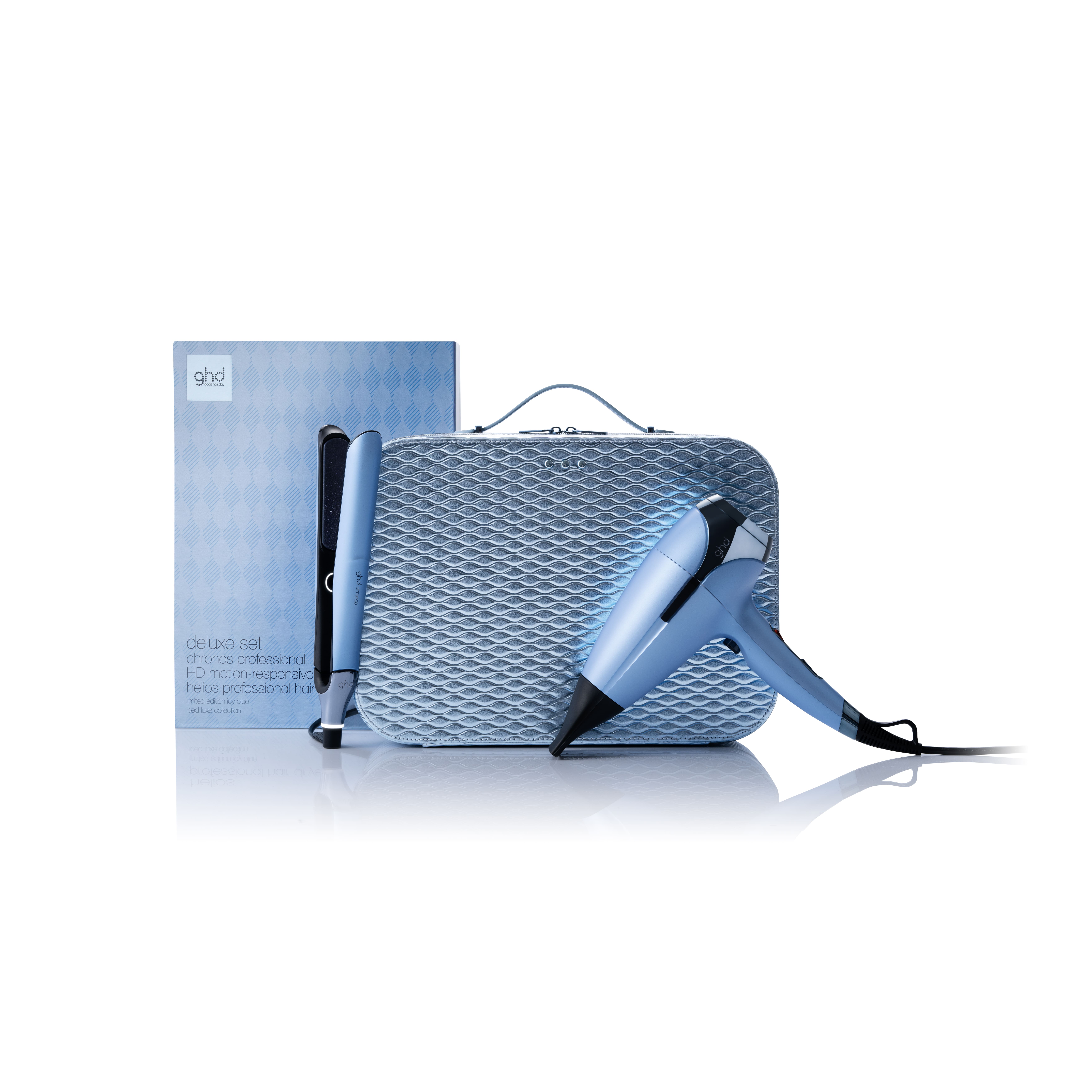 Set deluxe Ghd Iced Luxe, inclusivo di styler Chronos e asciugacapelli Helios™ in edizione limitata.