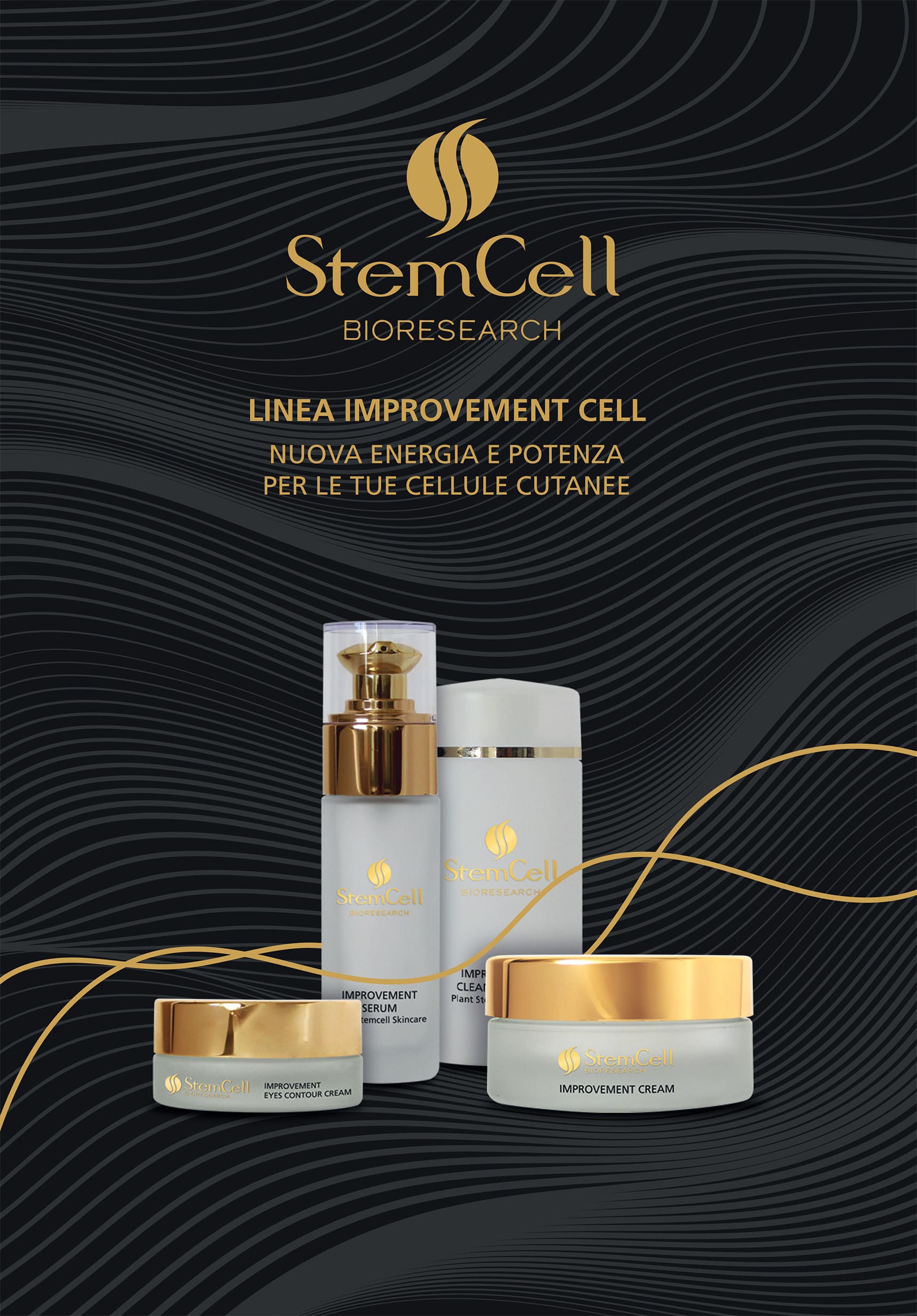 prodotti della linea IMPROVEMENT CELL di Stemcell, inclusi siero, crema, latte detergente e contorno occhi.