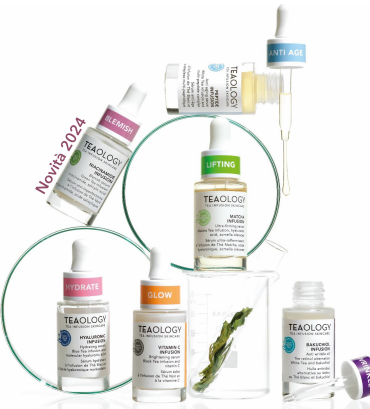 Sieri Teaology Serum Infusion disposti in gruppo, evidenziando la varietà di formule.