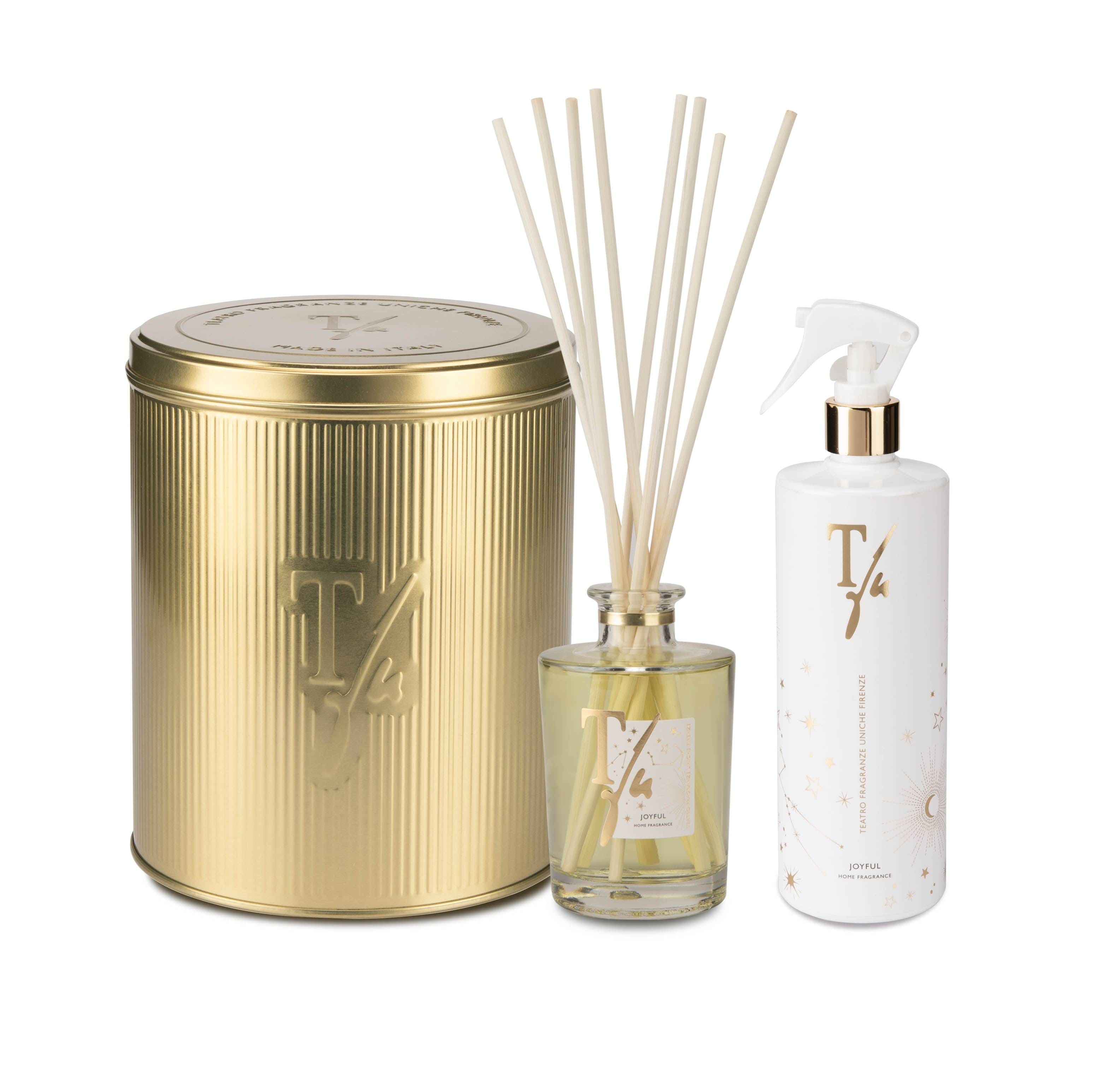 Confezione regalo Gold Tin Box della collezione JOYFUL di Teatro Fragranze Uniche, elegante contenitore in latta dorata