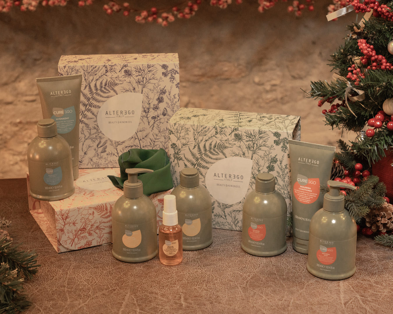 Kit Natalizio Alter Ego Italy con prodotti Ego Line, foulard eco-friendly in collaborazione con Progetto Quid