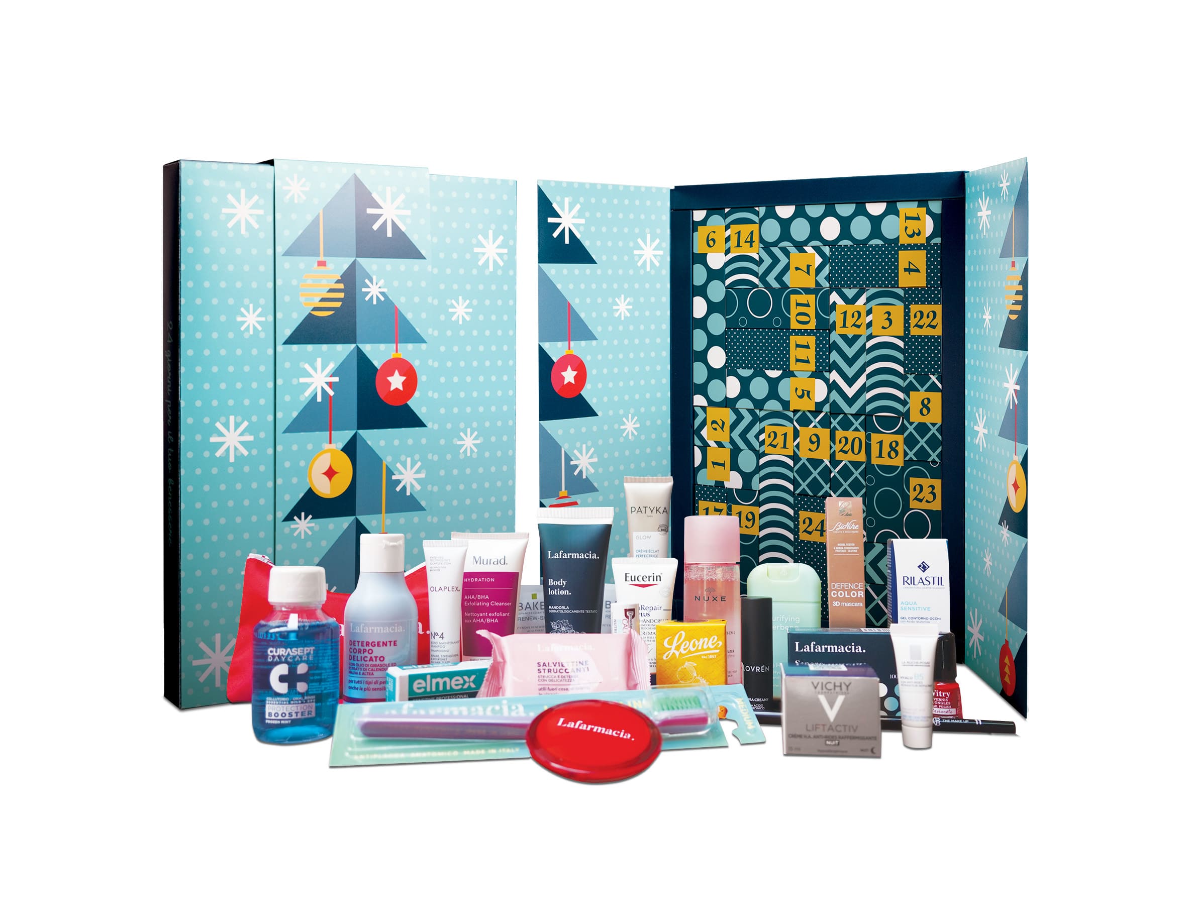 Calendario dell'Avvento Lafarmacia con prodotti di bellezza e benessere, tra cui skincare, make-up e cura del corpo