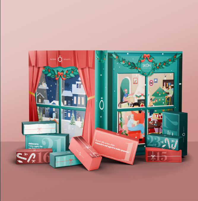 Calendario dell'Avvento Skön con prodotti skincare naturali, tra cui sieri idratanti, creme vellutate e scrub delicati