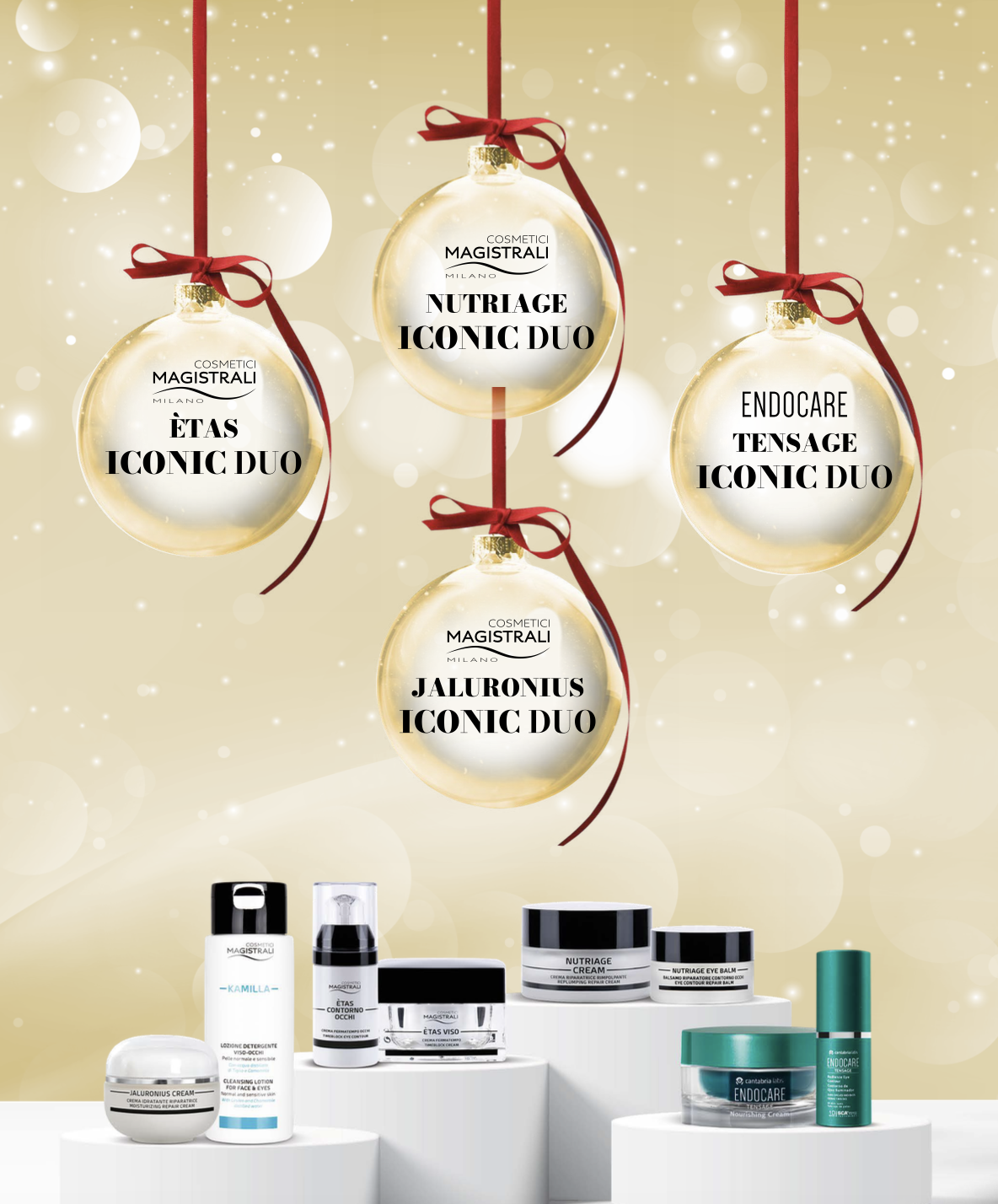 Cofanetti skincare esclusivi di Cosmetici Magistrali ed Endocare, perfetti per il Natale, con trattamenti viso di lusso.