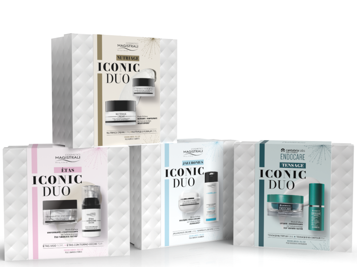 Cofanetti skincare di lusso Cosmetici Magistrali ed Endocare, regali perfetti per il Natale, per una pelle radiosa e rigenerata.
