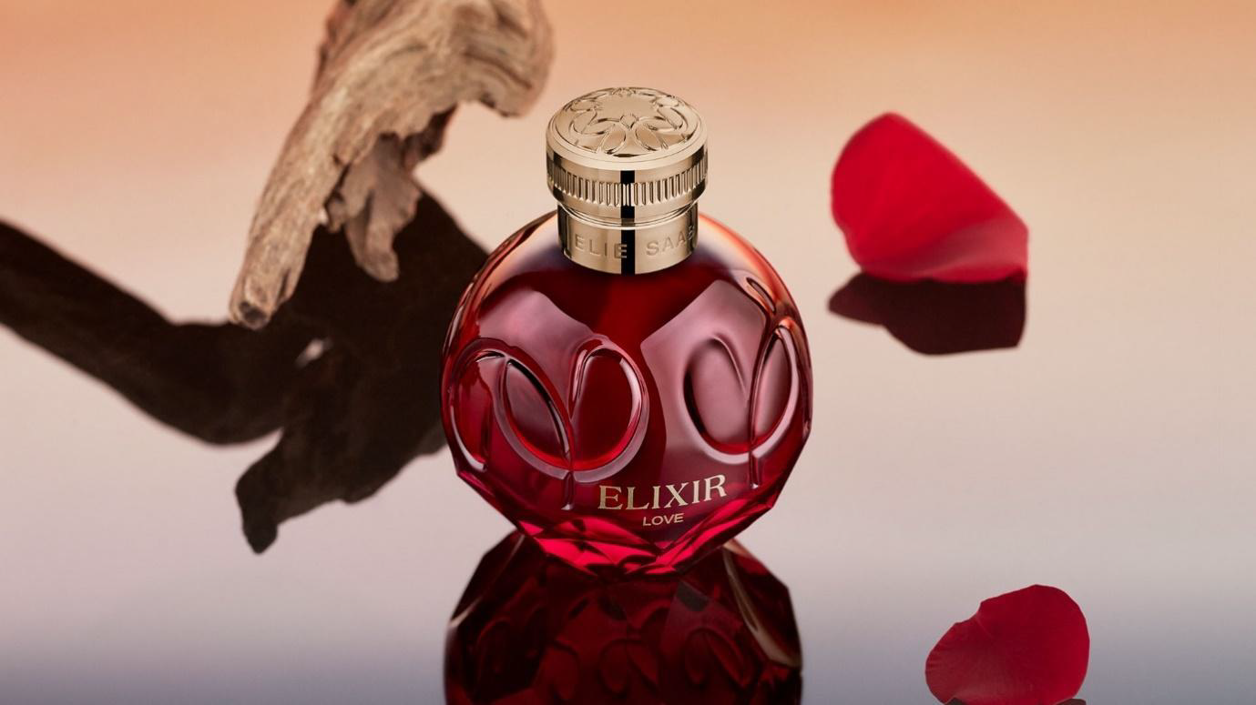 Flacone Elixir Love di Elie Saab, fragranza floreale rossa con dettagli dorati