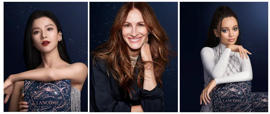 Campagna natalizia Lancôme con Julia Roberts, Nico Parker e Zhang Jinghy, immersi in un mondo magico al Petit Palais di Parigi, illuminato dalle stelle e decorato con alberi incantati e fiocchi di neve.