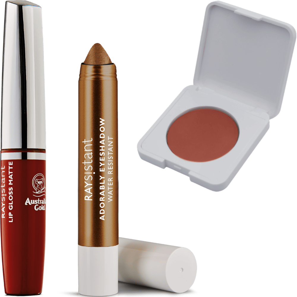 Bold Glow Set Raysistant con lip gloss rosso opaco, ombretto in stick e blush peach