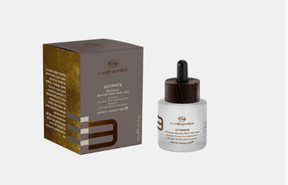Flacone di Botogen, booster elisir anti-età di Intégrée, con packaging elegante e moderno