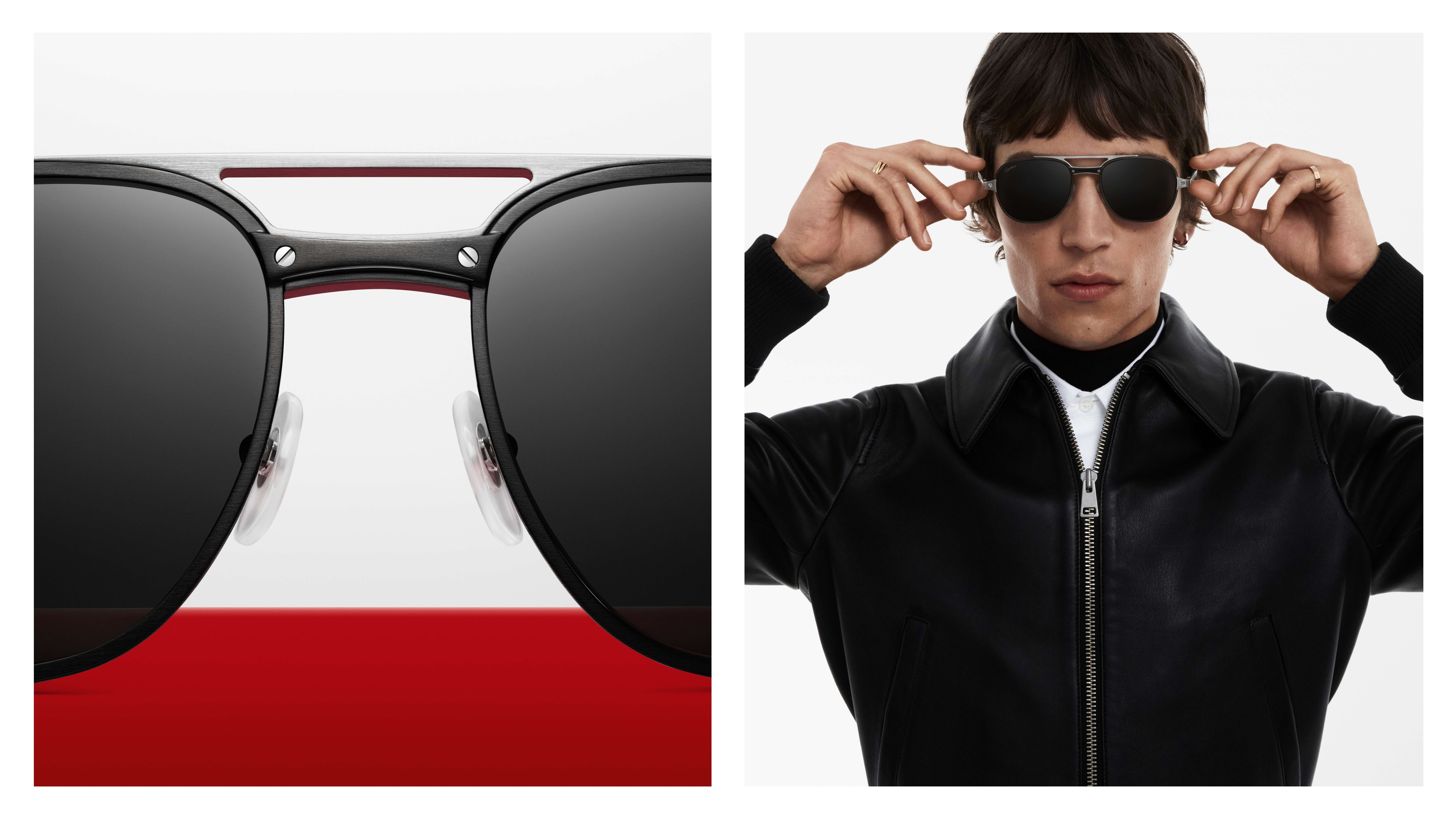 Occhiali da sole navigator Cartier CT0477SO, con finiture in metallo oro e terminali in acetato a contrasto.