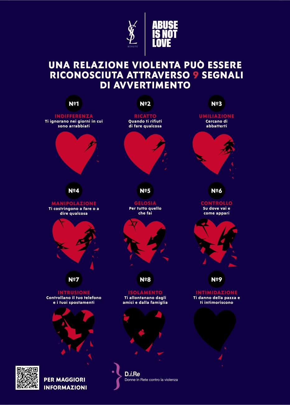 Leaflet informativo del programma "Abuse Is Not Love" di YSL Beauty per sensibilizzare sulla violenza da partner intimo e promuovere relazioni sane.