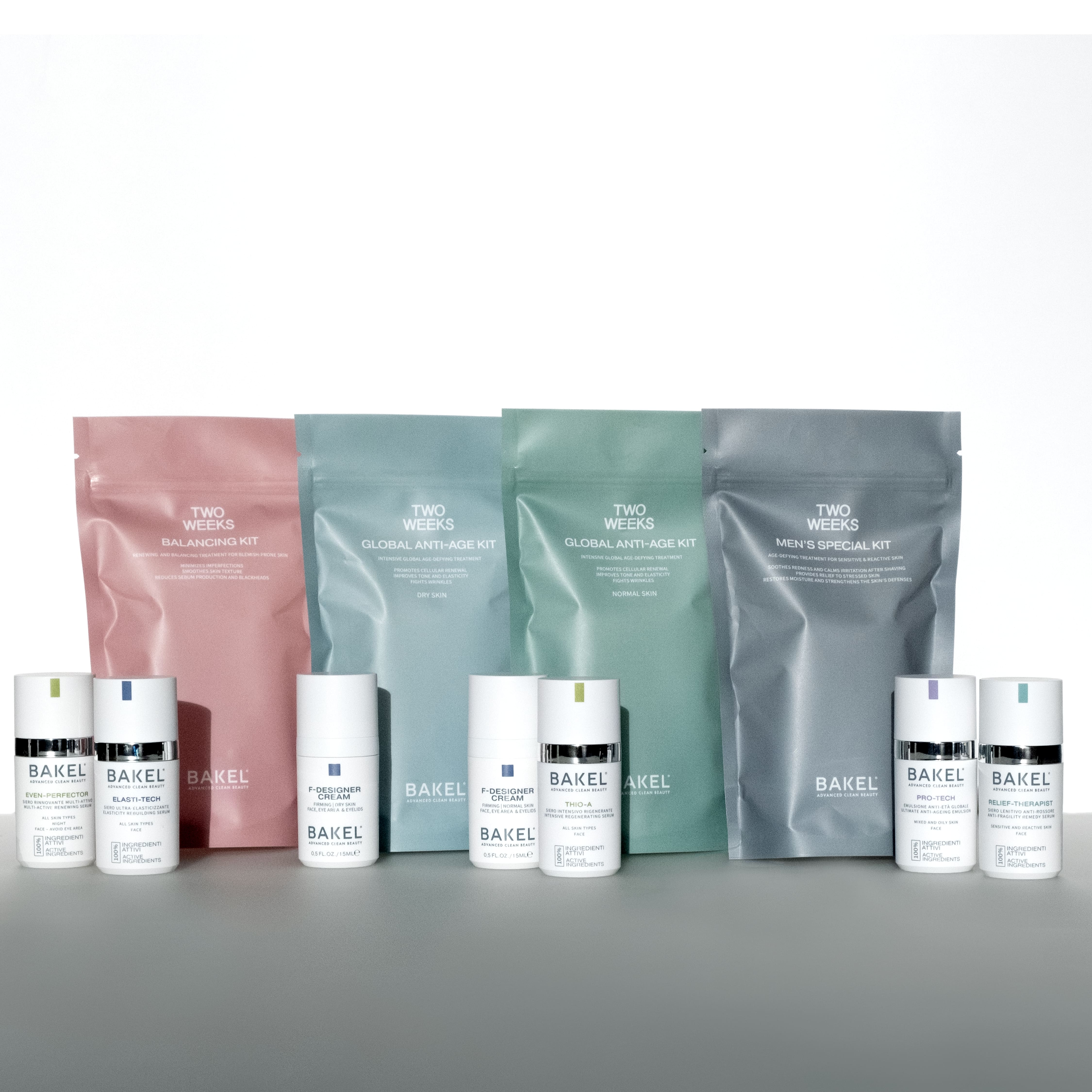 Kit Bakel 2 Weeks, trattamenti viso e anti-età per pelle normale, secca e maschile, con sieri e creme.