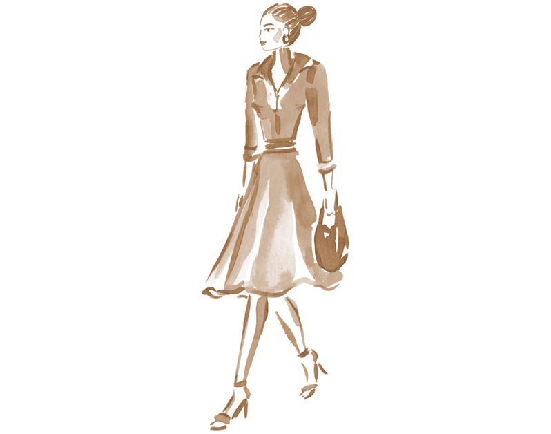 Illustrazione di una donna sofisticata, la Travelling Lady, che esplora le fragranze di CULTI Milano in un viaggio sensoriale attraverso le stagioni.