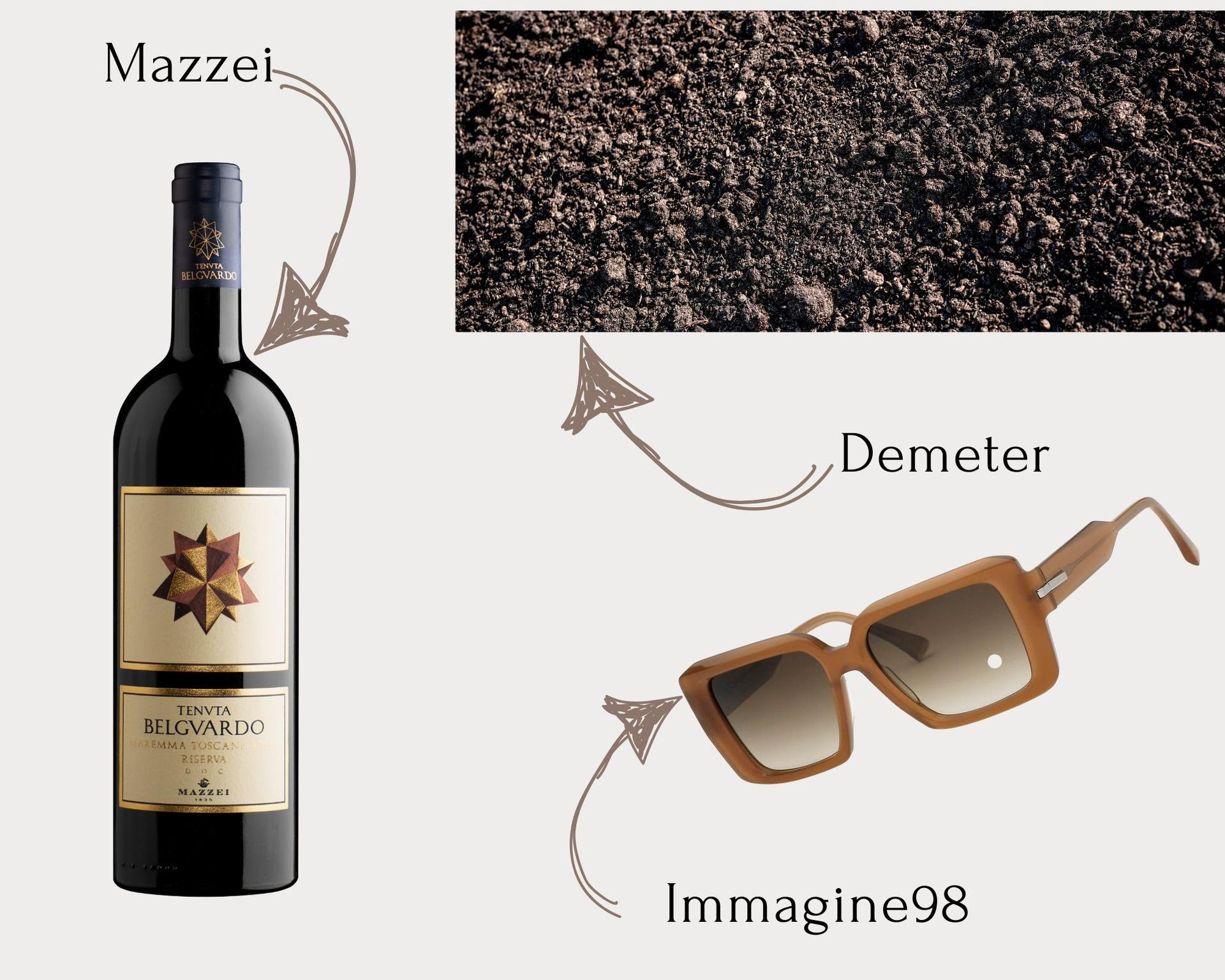Composizione elegante con articoli rappresentativi del colore Pantone 2025 Mocha Mousse, tra cui un profumo di lusso, occhiali raffinati e vini pregiati.