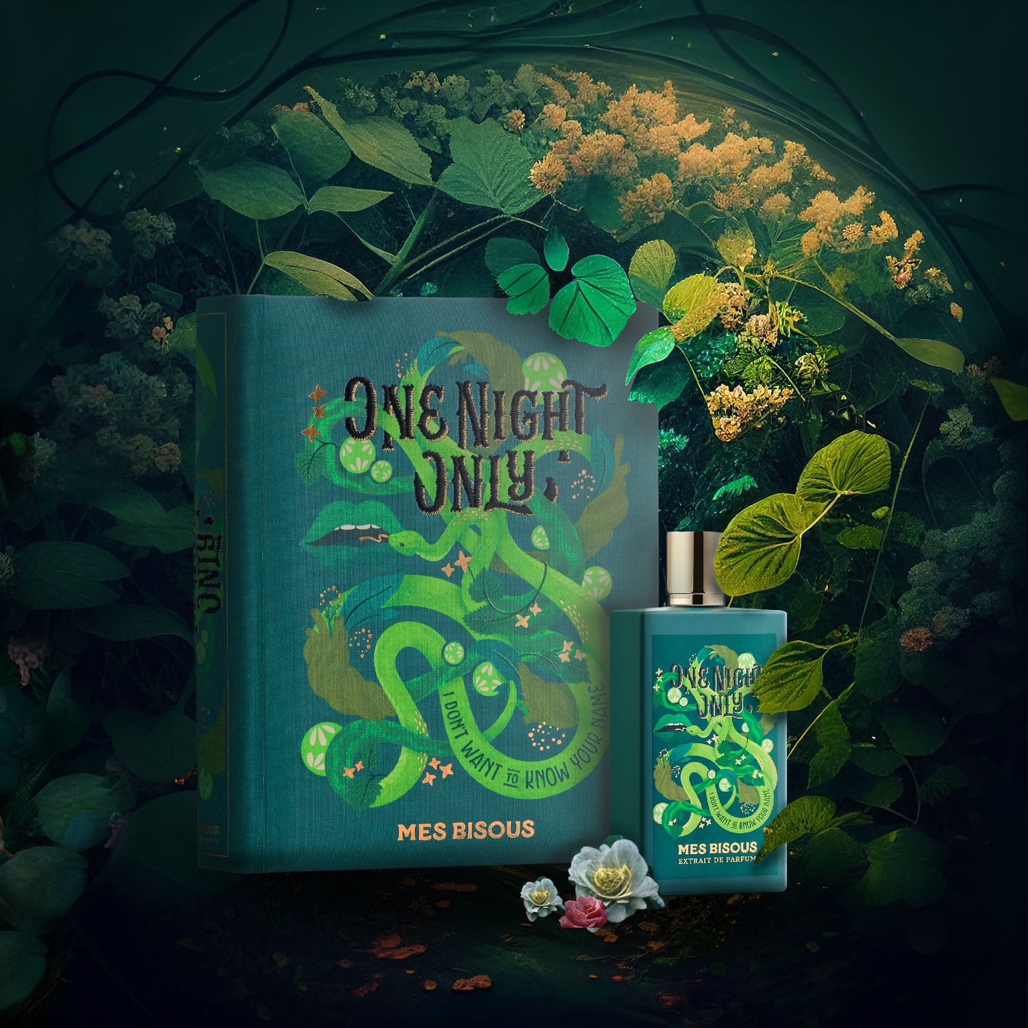 Dettaglio della bottiglia di One Night Only di Mes Bisous, con un design sinuoso ispirato al simbolo del serpente.