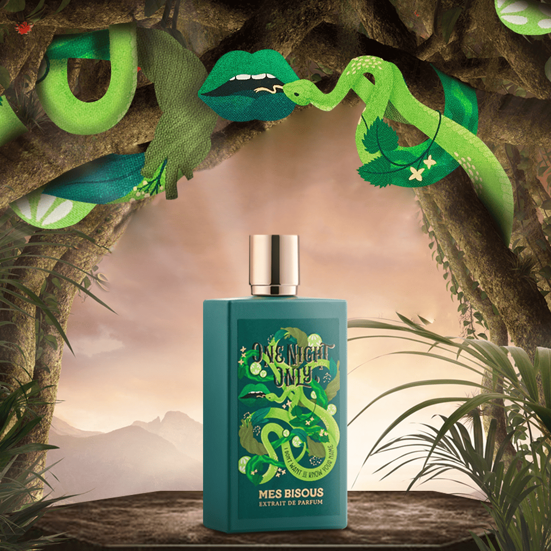 Bottiglia del profumo One Night Only di Mes Bisous con dettagli ispirati al serpente, simbolo di sensualità e trasformazione.