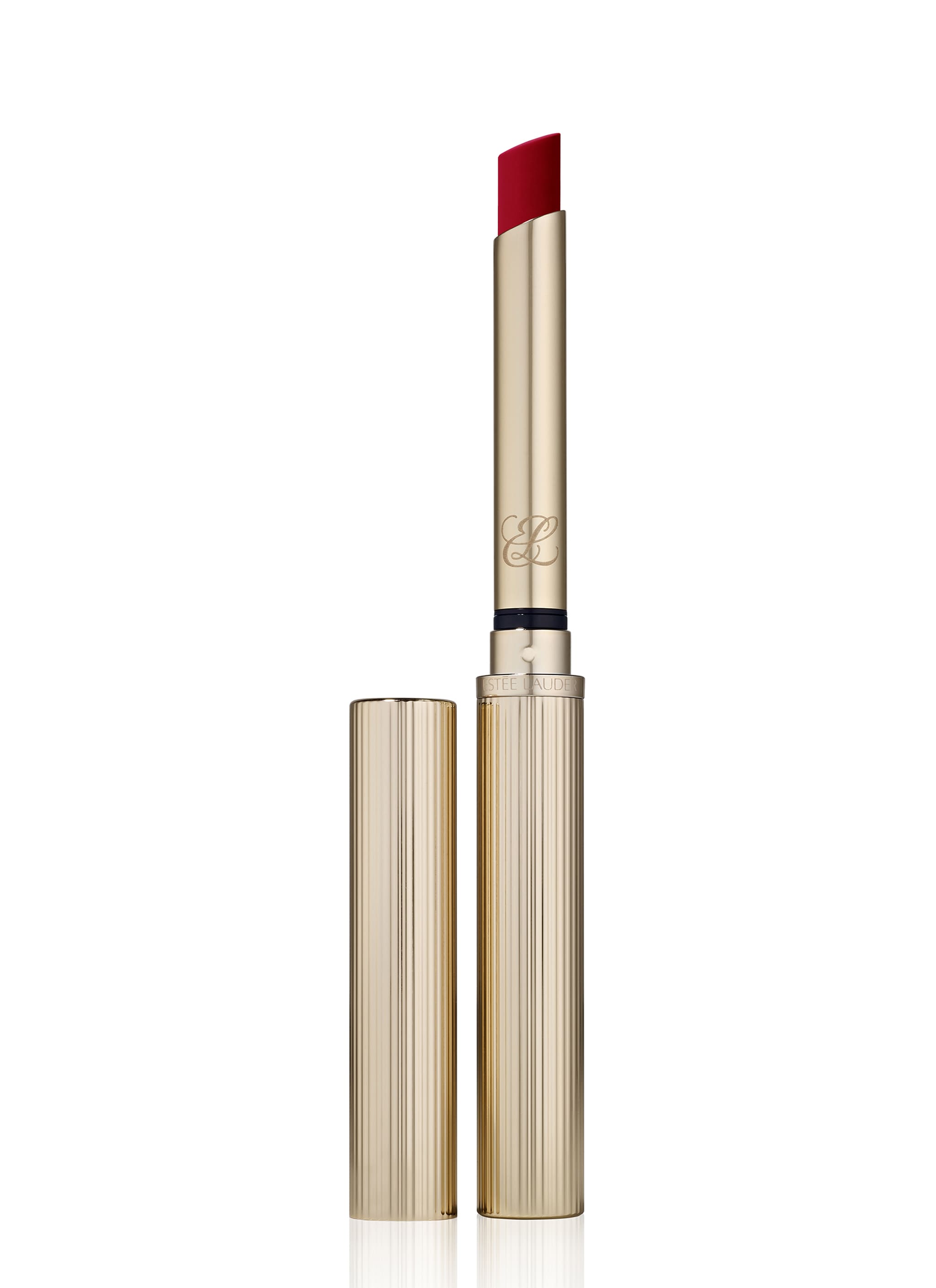 Pure Color Explicit Slick Matte Lipstick di Estée Lauder con packaging oro rosato