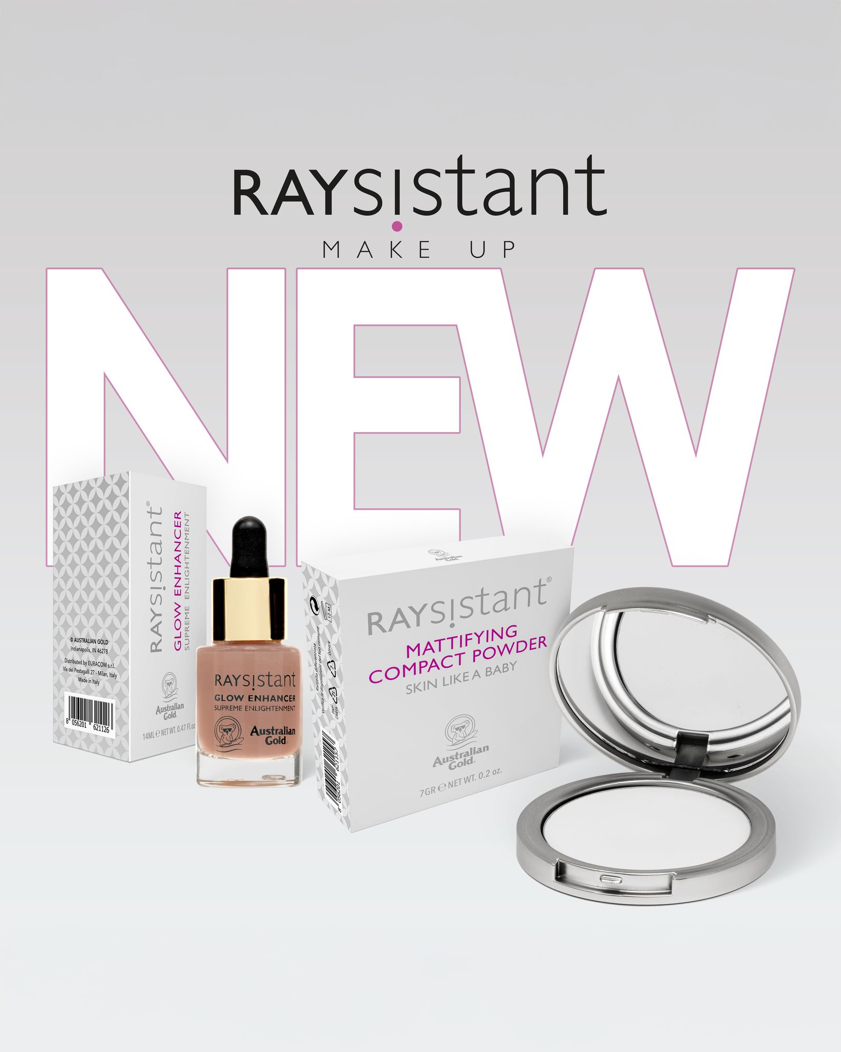 I prodotti RAYSISTANT di Australian Gold: Mattifying Compact Powder e Glow Enhancer, per un make-up waterproof impeccabile.