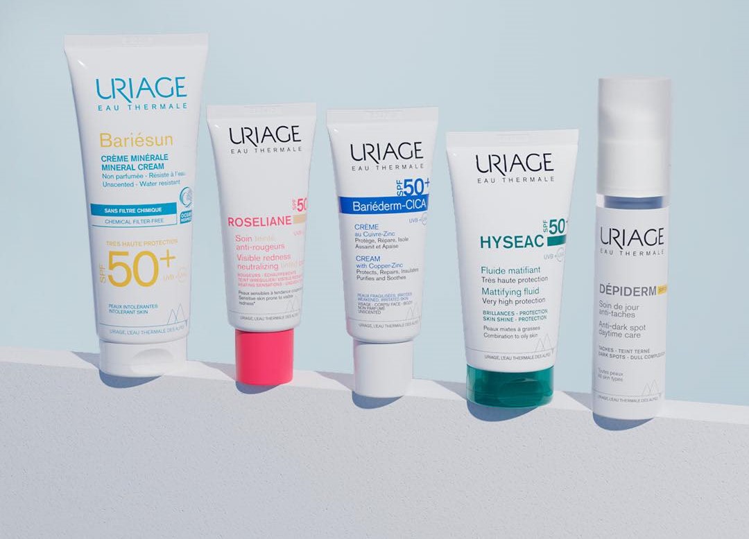 Crema solare viso Uriage SPF50+ nelle varianti Roséliane, Bariéderm-CICA, Hyséac, Dépiderm e Bariésun, ideali per ogni tipo di pelle.