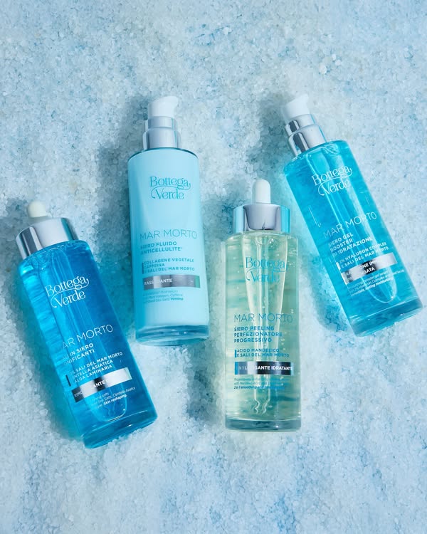 I quattro sieri corpo Bottega Verde con Sali del Mar Morto, disposti insieme: idratante, tonificante, anticellulite e perfezionatore.