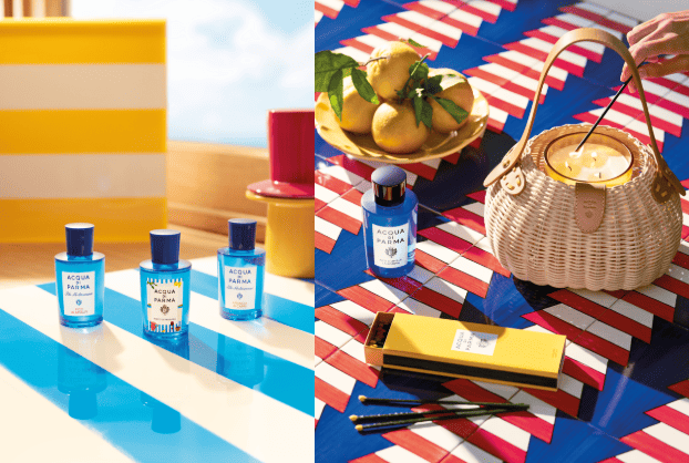 Prodotti della collezione La Terrazza di Acqua di Parma con opere d’arte mediterranee e profumi estivi