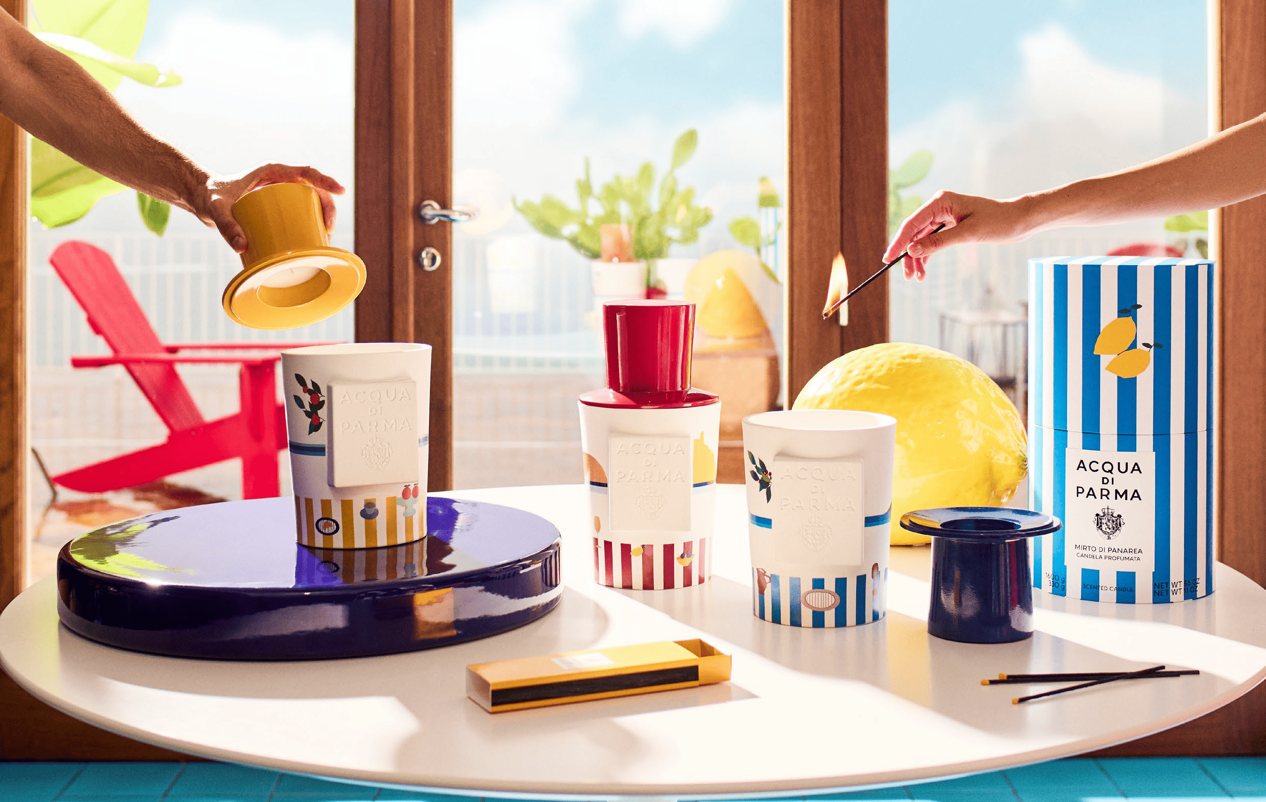 Collezione La Terrazza di Acqua di Parma, candele e profumi estivi con opere d’arte di Ben Arpea ispirate ai paesaggi mediterranei