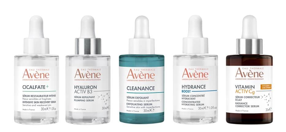 Sieri viso Eau Thermale Avène: riequilibrano, rimpolpano, idratano, illuminano ed esfoliano la pelle con formule su misura