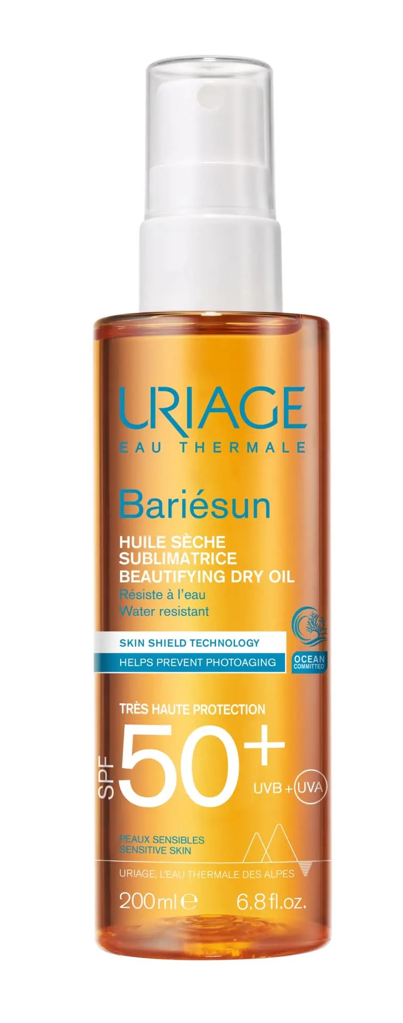 Olio solare secco illuminante SPF50+ Uriage Bariésun su fondo neutro
