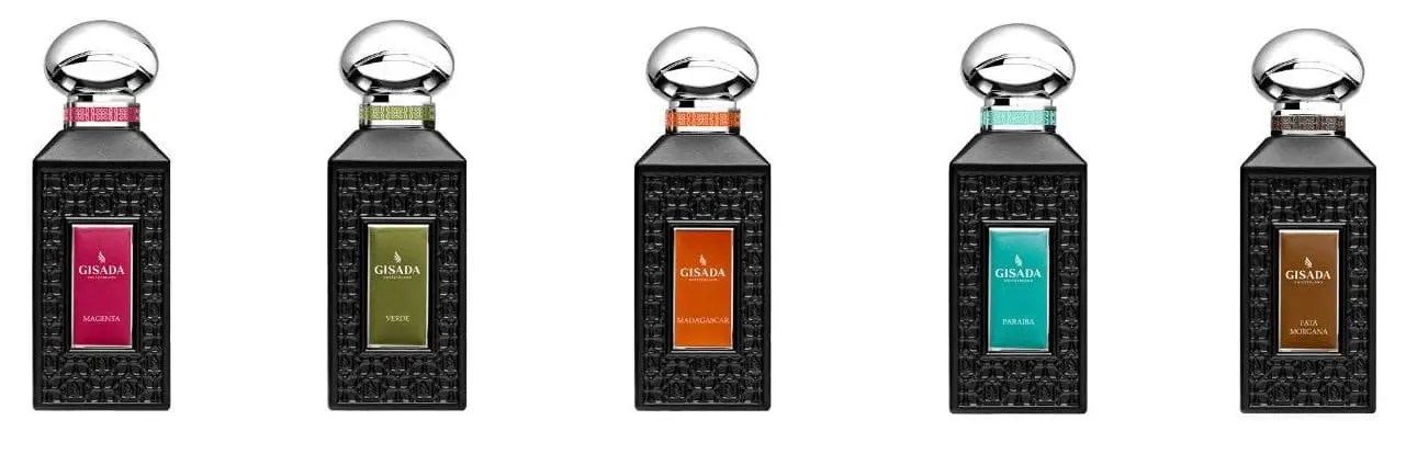 Flaconi delle nuove fragranze Gisada Luxury Line e delle Eau de Parfum Uomo & Donna in primo piano, con design moderno e sofisticato