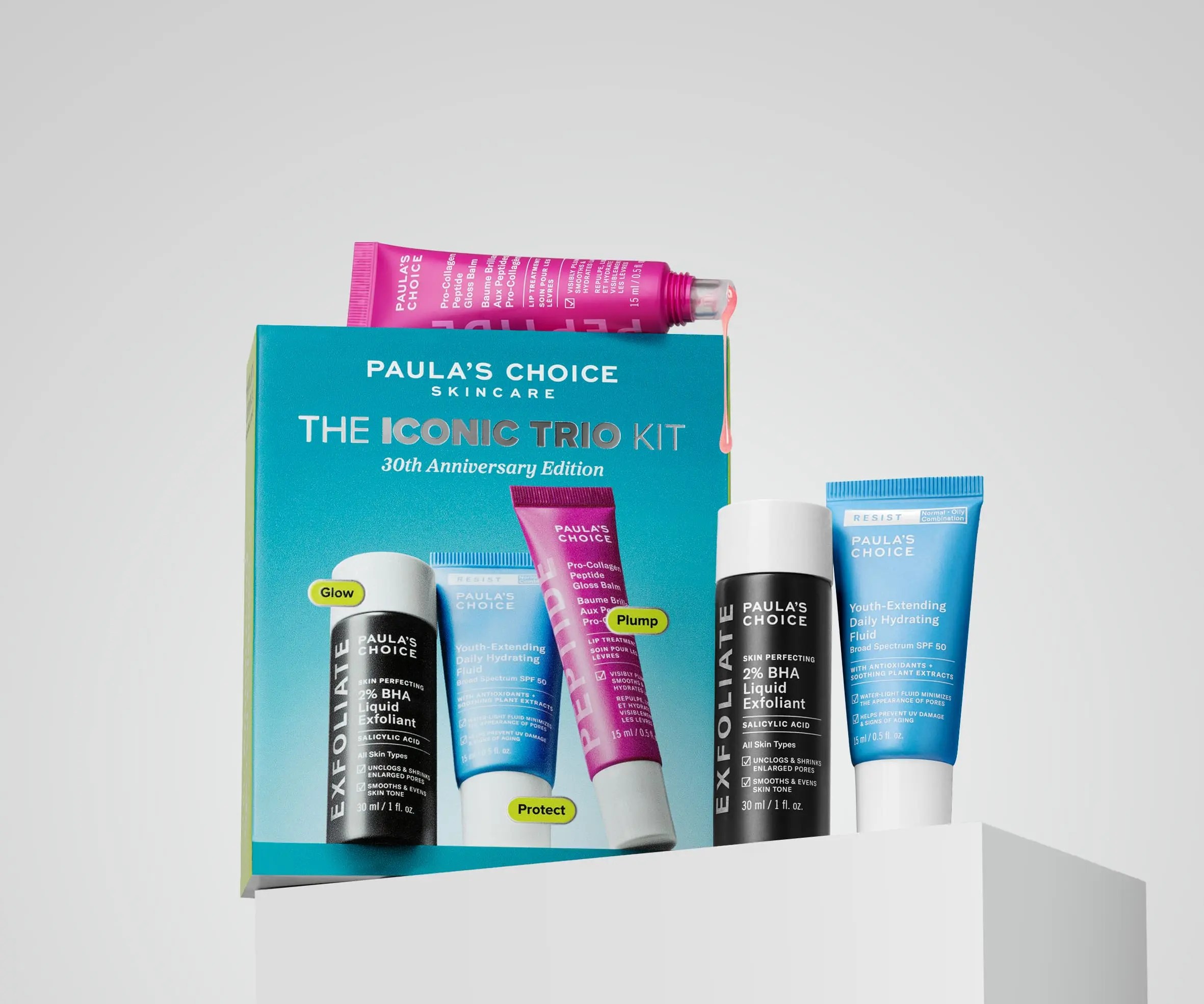 Kit Iconic Trio Paula’s Choice in edizione limitata per i 30 anni, con esfoliante 2% BHA, crema SPF 50 e gloss rimpolpante