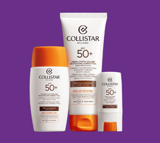 Prodotti solari Collistar Speciale Macchie con SPF50+ per viso, corpo e zone delicate