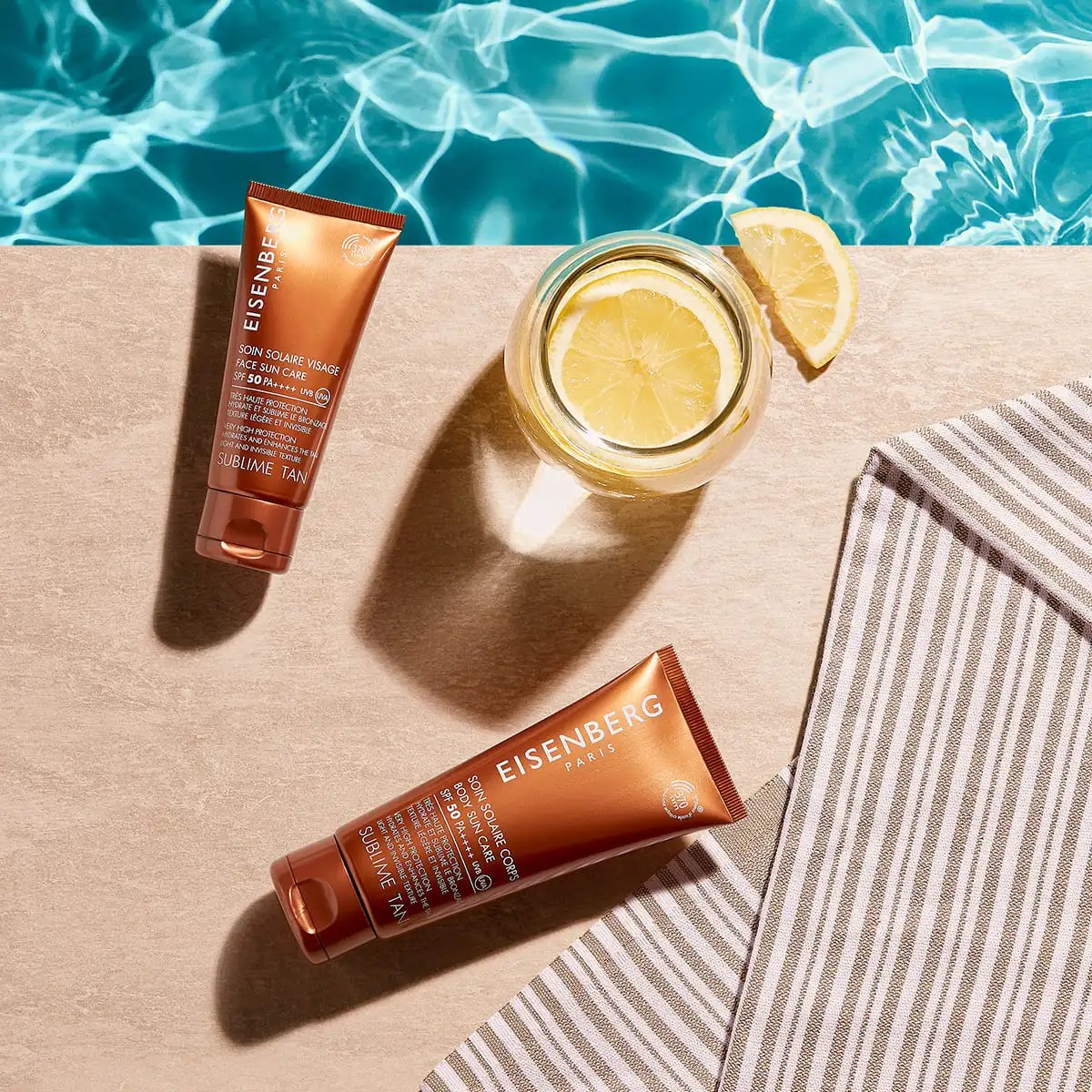 Prodotti solari Eisenberg Sublime Tan per viso e corpo con protezione SPF e trattamento skincare