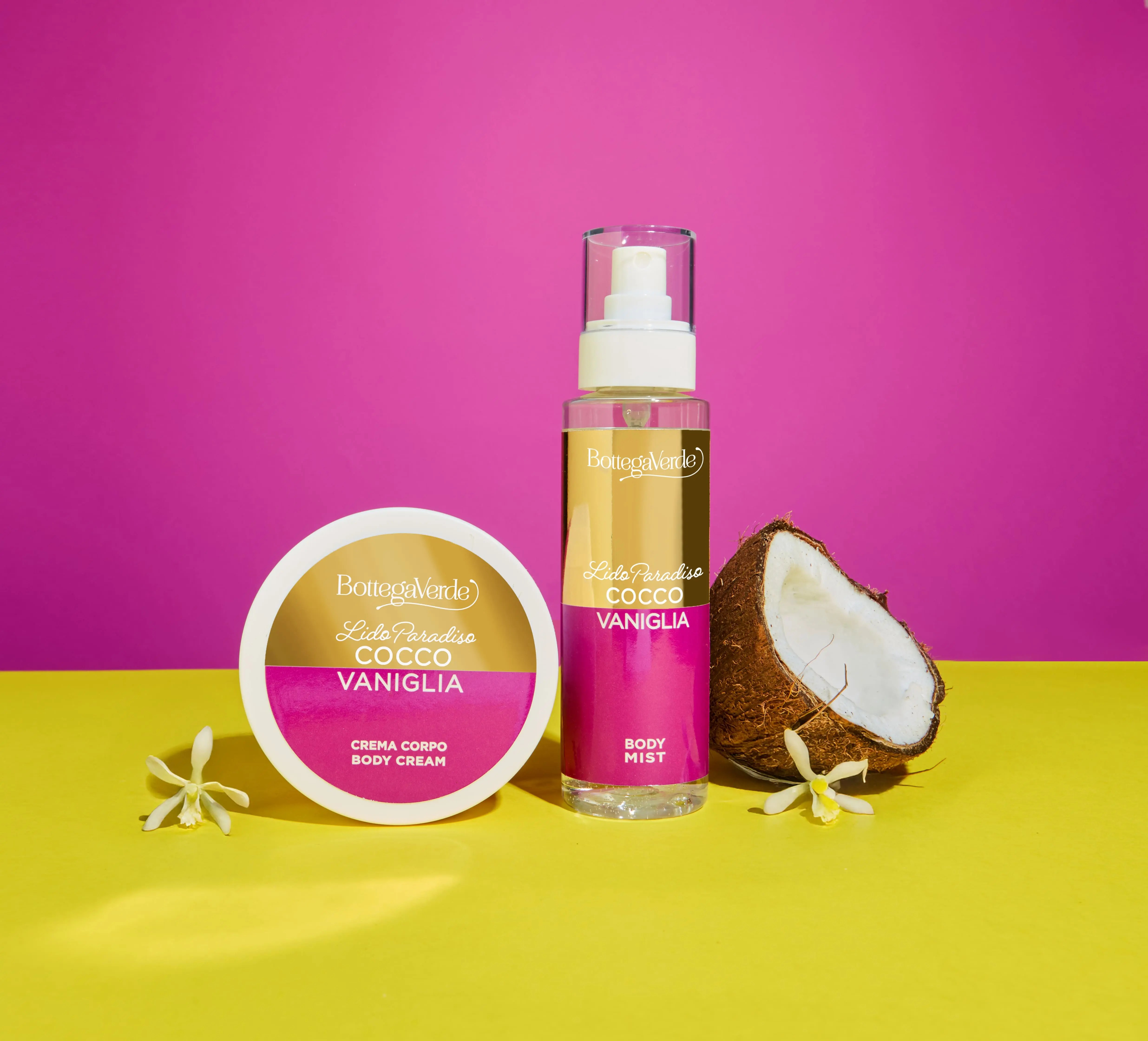 Prodotti della collezione Lido Paradiso Beach di Bottega Verde: creme corpo e body mist estivi