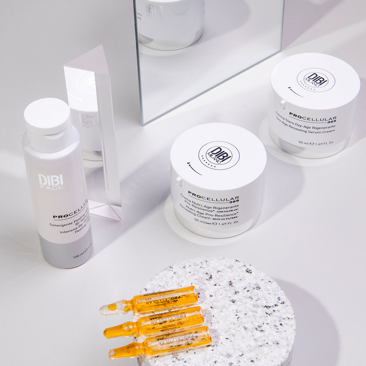 Linea completa Procellular 365 Dibi Milano con detergente, creme, sieri e trattamento bi-liquido