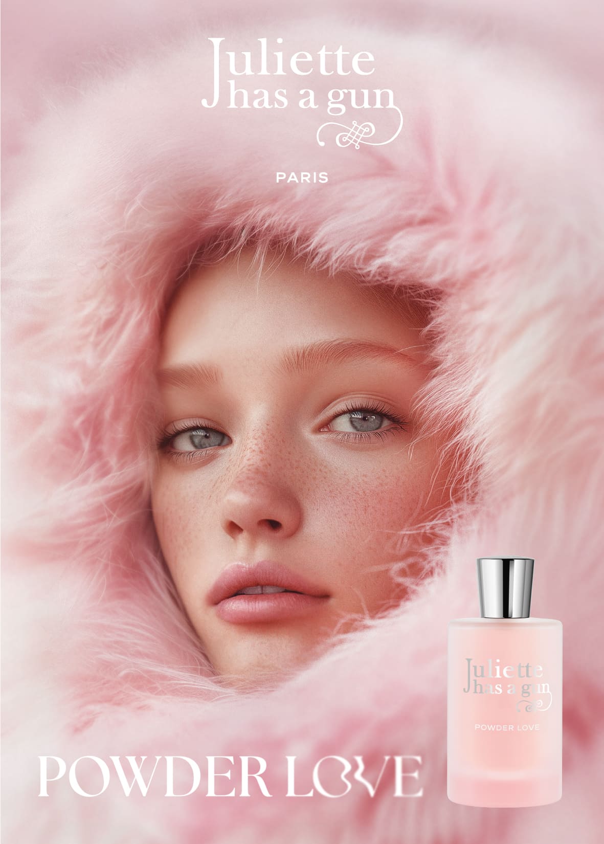 Flacone rosa satinato con tappo argentato della fragranza Powder Love Juliette has a Gun