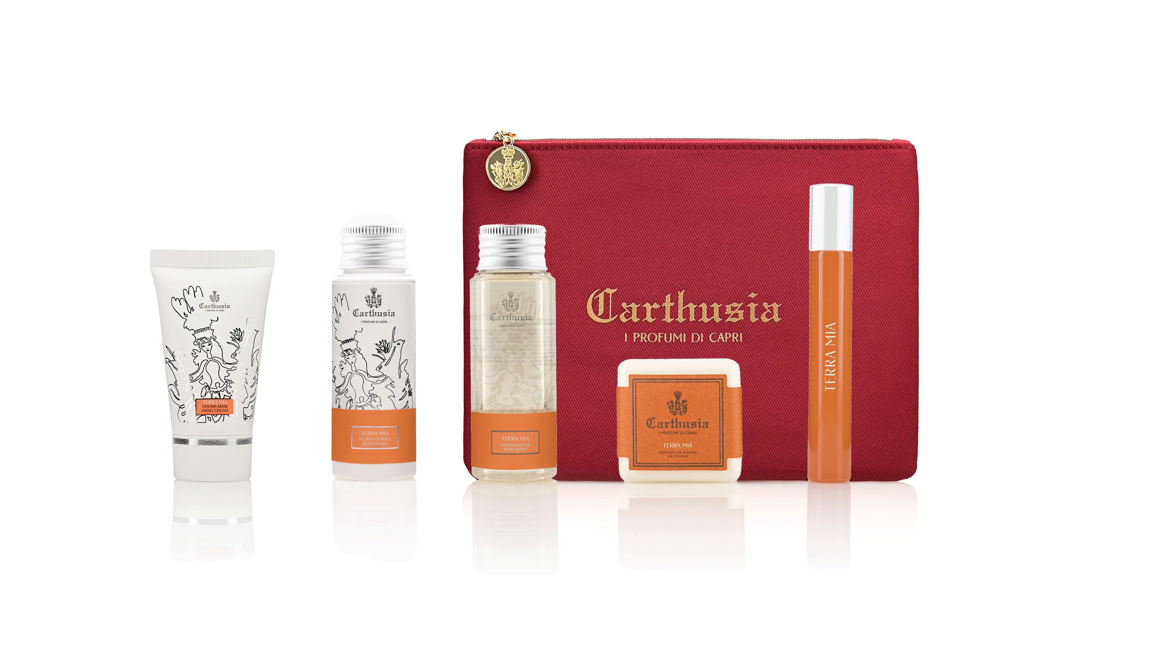 Pochette Carthusia rossa con prodotti da viaggio