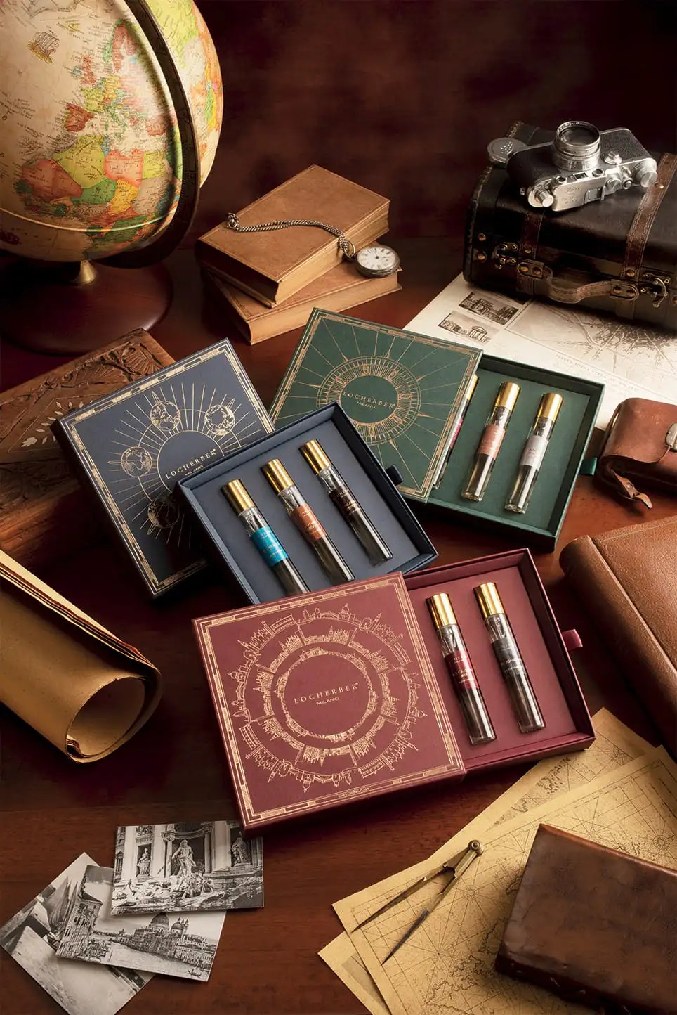 Collezione Voyage Kit Locherber Milano con tre cofanetti di fragranze travel size