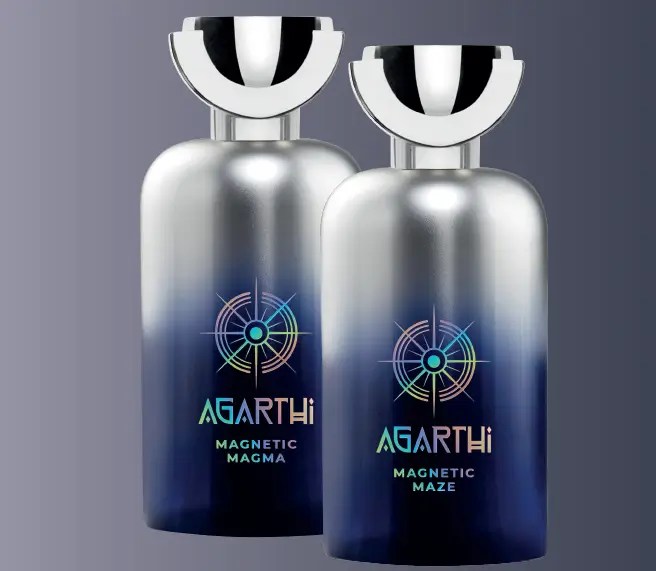 Due fragranze di nicchia Agarthi Scent Core, Magnetic Magma e Magnetic Maze, in flaconi eleganti con tappo artistico, simbolo di lusso e viaggio sensoriale