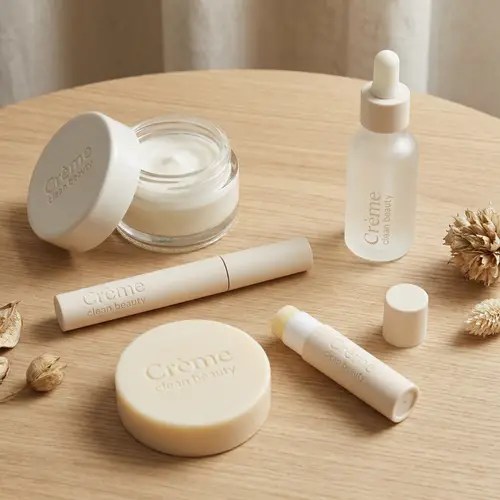 Routine skincare sostenibile con prodotti minimal su superficie naturale, luce morbida e atmosfera elegante