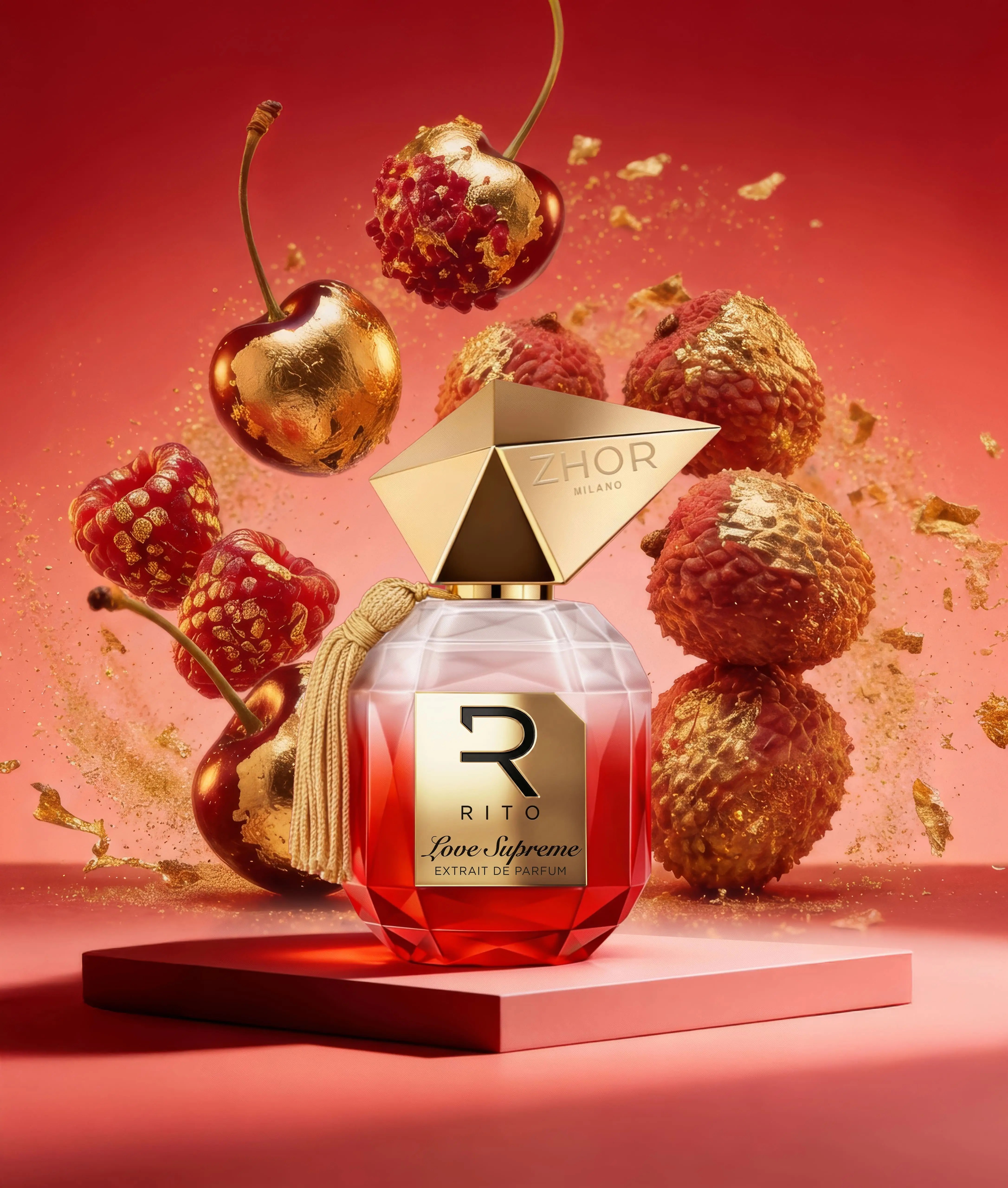 Piramide olfattiva di LOVE SUPREME con litchi, lampone, ciliegia, rosa marocchina, mandorla amara, ambra, vaniglia bourbon, miele e cuoio