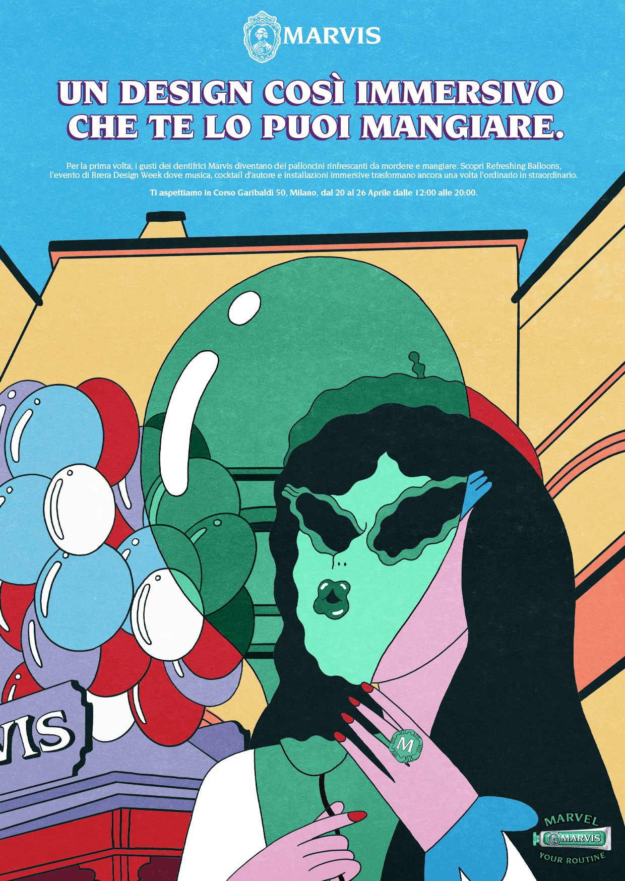 Installazione Marvis con palloncini edibili in Corso Garibaldi durante la Design Week