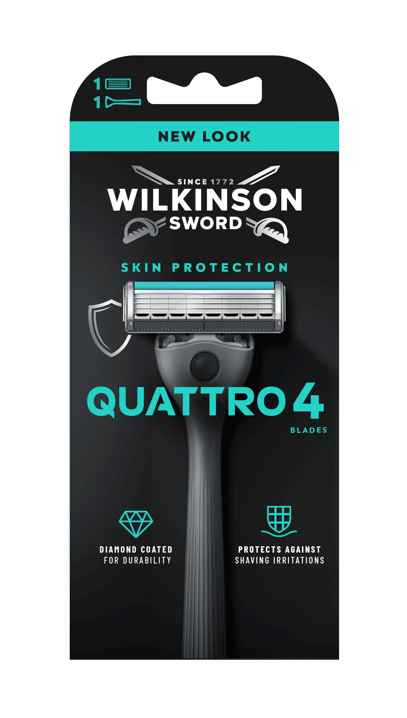 Rasoio maschile Quattro con quattro lame rivestite in titanio e diamante, striscia lubrificante con Aloe Vera e manico ergonomico autoportante