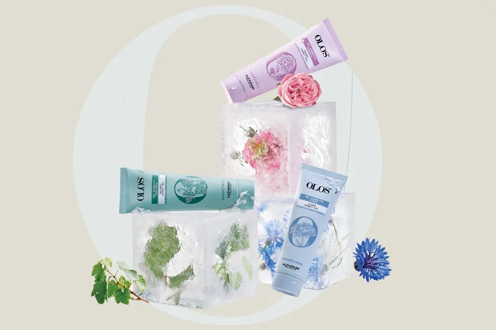 Gel Sorbetto Olos per la skincare estiva con texture fresca e leggera disponibile nelle versioni Energia, Equilibria e Hydra.