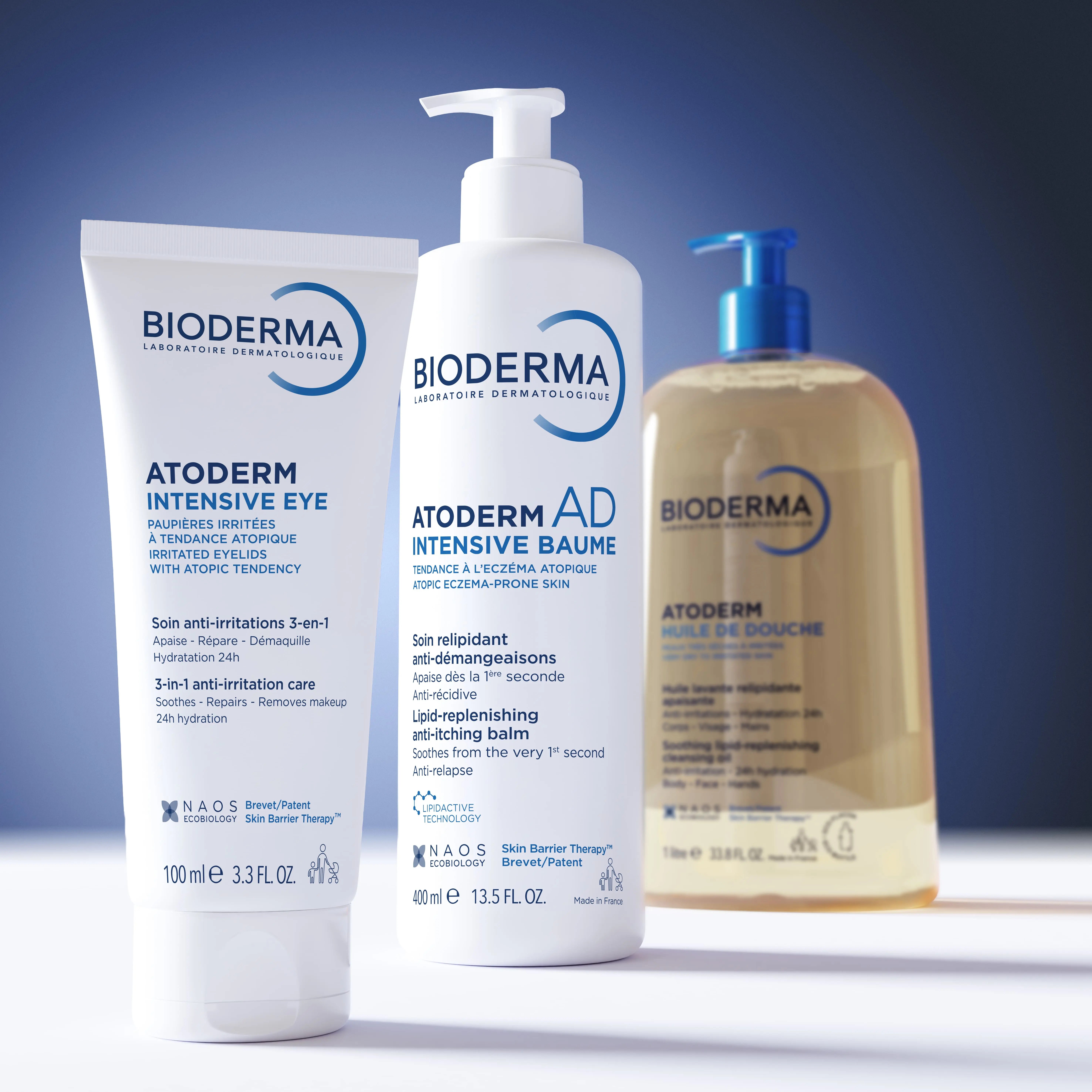 Routine BIODERMA Atoderm con Huile de Douche, AD Intensive Baume e Intensive Eye